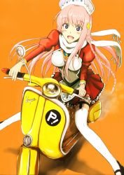Rule 34 | 00s, 1girl, bad id, bad pixiv id, blue eyes, blush, blush stickers, braid, company connection, erise, flcl, gainax, garter straps, hair ornament, hat, long hair, motor vehicle, navel, nono (top wo nerae 2!), open mouth, orange background, pink hair, red skirt, scarf, scooter, skirt, smile, solo, symbol-shaped pupils, thighhighs, top wo nerae 2!, vehicle, vespa, white thighhighs