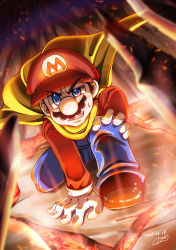 Rule 34 | 1boy, 73kou33, absurdres, blue eyes, cape, cape mario, cliff, facial hair, fire, fire, gloves, grin, hat, highres, kneeling, looking at viewer, mario, mario (series), mustache, nintendo, overalls, plumber, rock, shoes, smile, smug, solo, super mario world, sweat, white gloves, yellow cape