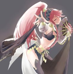 Rule 34 | 1girl, alternate costume, balisong, black thighhighs, braid, cowboy shot, fingerless gloves, fire emblem, fire emblem awakening, fire emblem heroes, folding fan, foreshortening, gloves, grey background, hairband, hand fan, highres, jewelry, knife, looking at viewer, midriff, navel, nintendo, o-ring, o-ring top, olivia (fire emblem), one eye closed, outstretched arm, pelvic curtain, pink eyes, pink hair, ponytail, ring, sash, side braid, simple background, sketch, smile, solo, thighhighs, twin braids, weapon