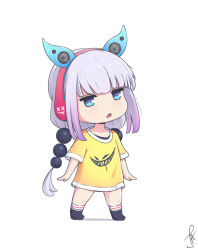 Rule 34 | 1girl, :o, arms at sides, black socks, blue eyes, blunt bangs, blush, chibi, commentary, full body, hair bobbles, hair ornament, headphones, j adsen, jitome, kanna kamui, kobayashi-san chi no maidragon, long hair, looking at viewer, low twintails, no pants, open mouth, oversized clothes, pink hair, shirt, short sleeves, signature, simple background, smiley face, socks, solo, speaker, standing, twintails, white background, yellow shirt