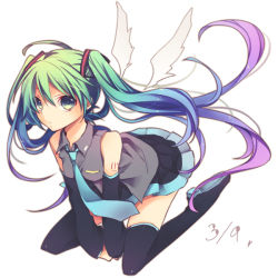 Rule 34 | 1girl, 39, blue hair, boots, detached sleeves, full body, gradient hair, green eyes, green hair, hatsune miku, kuroi (liar-player), long hair, looking at viewer, matching hair/eyes, multicolored hair, necktie, purple hair, sitting, skirt, solo, thigh boots, thighhighs, twintails, very long hair, vocaloid, wariza, white background, wings