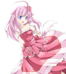 Rule 34 | 10s, 1girl, animal ear fluff, animal ears, antenna hair, bare shoulders, blush, dog days, dog ears, dog girl, dog tail, dress, female focus, flower, frills, gloves, hair down, hair flower, hair ornament, happy, long dress, long hair, long skirt, looking at viewer, millhiore f. biscotti, open mouth, pink hair, purple eyes, red dress, rose, skirt, smile, solo, strapless, strapless dress, tail, tsukasa 0913