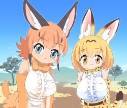 Rule 34 | 2girls, :3, animal ear fluff, animal ears, animal print, blonde hair, blue eyes, blue sky, bow, bowtie, breasts, caracal (kemono friends), cat ears, cat girl, cat tail, center frills, clear sky, closed mouth, commentary request, cowboy shot, day, elbow gloves, frilled shirt, frills, gloves, horizon, kemono friends, large breasts, leopard print, lets0020, looking at viewer, medium bangs, mountainous horizon, multiple girls, open mouth, orange bow, orange bowtie, orange gloves, orange skirt, outdoors, pink hair, print bow, print bowtie, serval (kemono friends), shirt, short hair, sidelocks, skirt, sky, sleeveless, sleeveless shirt, smile, tail, tree, white shirt, yellow eyes, yellow skirt