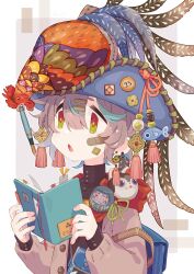 Rule 34 | 1girl, :o, absurdres, animal, animal on head, backpack, bag, bandaid, bandaid on cheek, bandaid on face, bird, bird on head, blue hair, blue hat, buttons, cardigan, charm (object), chicken, daruma doll, earrings, feathers, green eyes, grey cardigan, grey hair, hair ornament, hairclip, hat, hat pin, highres, holding, holding notebook, jewelry, multicolored hair, notebook, on head, original, pen, rooster, solo, sorata123, upper body