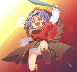 Rule 34 | 1girl, aged down, alternate eye color, attack, autumn leaves, backlighting, brown skirt, clothes lift, commentary request, dutch angle, frilled sleeves, frills, frown, gluteal fold, gradient eyes, gradient sky, highres, holding, holding sword, holding weapon, jumping, layered clothes, lens flare, long sleeves, looking at viewer, mirror, multicolored eyes, no legwear, ocean, open mouth, orange eyes, orange sky, panties, pantyshot, purple hair, red shirt, reflection, rope, sandals, serious, shirt, short hair, short sleeves, skirt, skirt lift, sky, solo, sunset, sword, tatuhiro, thighs, toes, touhou, underwear, weapon, white shirt, yasaka kanako, yellow eyes, yellow sky