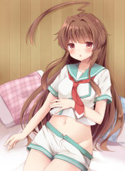 Rule 34 | 10s, 1girl, :o, ahoge, bad id, bad pixiv id, blush, brown hair, highres, huge ahoge, jewelry, kantai collection, kuma (kancolle), long hair, looking at viewer, masayo (gin no ame), md5 mismatch, navel, no bra, no panties, pillow, plaid, plaid pillow, red eyes, ring, school uniform, short sleeves, shorts, solo, unbuttoned, wedding band