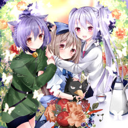 Rule 34 | 3girls, album cover, animal ears, apple, bell, neck bell, bird, blue hair, bow, brown eyes, brown hair, cat ears, chili pepper, collar, commentary request, cover, cup, flower, food, fruit, hair bow, long hair, long sleeves, multiple girls, nanase nao, official art, oil-paper umbrella, open mouth, original, pink eyes, puffy short sleeves, puffy sleeves, rose, short sleeves, grey eyes, smile, table, teacup, teapot, twintails, umbrella, very long hair