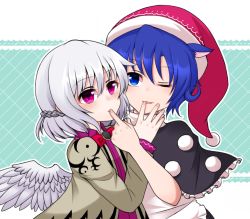Rule 34 | 2girls, blue eyes, blue hair, capelet, doremy sweet, feathered wings, finger in another&#039;s mouth, kishin sagume, multiple girls, one eye closed, pom pom (clothes), purple eyes, shiohachi, short hair, silver hair, single wing, touhou, wings