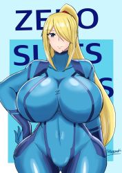 Rule 34 | 1girl, 46ayamahi, arms behind back, artist name, blonde hair, blue bodysuit, blush, bodysuit, breasts, breasts apart, cameltoe, character name, cleavage, collarbone, covered navel, fat mons, female focus, gluteal fold, hair over one eye, hand on own hip, highres, huge breasts, metroid, mole, mole under mouth, nintendo, ponytail, samus aran, shiny clothes, smile, solo, standing, thigh gap, two-tone background, wide hips, zero suit