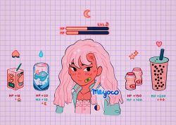 Rule 34 | 1girl, artist name, bandaid, black eyes, bubble tea, can, crescent, crescent moon, crescent necklace, dark-skinned female, dark skin, drinking straw, food, fruit, grid background, half moon, heart, jewelry, juice box, liquid, long hair, meyoco, moon, necklace, original, peach, pink hair, solo, star (symbol), transparent, upper body, waves