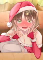 Rule 34 | 1girl, absurdres, blush, breasts, bridal gauntlets, brown hair, christmas, cleavage, commentary, elbow gloves, embarrassed, fur trim, gloves, gradient hair, green hair, hat, highres, multicolored hair, original, rinku (rin9), santa costume, santa hat, solo, thighhighs, white thighhighs, yellow eyes