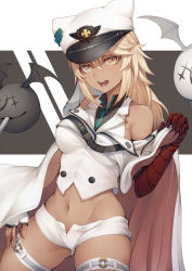 Rule 34 | 1girl, bandaged arm, bandages, banned artist, bare shoulders, cape, clover, commentary request, cropped jacket, dark-skinned female, dark skin, fingerless gloves, four-leaf clover, gloves, guilty gear, guilty gear strive, hair between eyes, hat, jacket, kyoeiki, lucifero (guilty gear), navel, off shoulder, open mouth, peaked cap, platinum blonde hair, ramlethal valentine, short shorts, shorts, thigh strap, thighs, white gloves, white headwear, white jacket, white shorts, yellow eyes