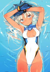 Rule 34 | 1girl, alice gear aegis, araime yasuri, armpits, arms up, blue gloves, breasts, cleavage cutout, clothing cutout, competition swimsuit, covered navel, dark-skinned female, dark skin, gloves, grey eyes, groin, highleg, highleg swimsuit, long hair, lying, medium breasts, on back, one-piece swimsuit, outdoors, own hands together, partially submerged, shimada fumikane, smile, solo, swimsuit, thigh gap, thighs, water, white hair