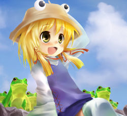Rule 34 | 1girl, :d, absurdres, arm support, arm up, bad id, bad pixiv id, blonde hair, blush, cloud, day, female focus, frog, gradient background, hair ribbon, hand on headwear, hand on own head, happy, hat, highres, moriya suwako, open mouth, outdoors, ribbon, short hair, sitting, skirt, sky, smile, solo, taicho128, touhou, yellow eyes