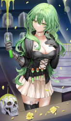 Rule 34 | 1girl, alchemist, black gloves, breasts, cleavage, closed mouth, commission, elbow gloves, gloves, green eyes, green hair, hand on own chest, highres, large breasts, liquid, lloule, long hair, original, pixiv commission, pleated skirt, skirt, skull, thighs, white skirt