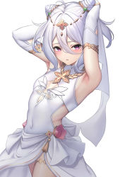 Rule 34 | 1girl, ahoge, armpits, arms up, bare shoulders, bridal gauntlets, cleavage cutout, clothing cutout, cone hair bun, covered navel, cowboy shot, dress, flat chest, gold trim, hair between eyes, hair bun, hair ears, highres, kokkoro (ceremonial) (princess connect!), kokkoro (princess connect!), long hair, looking at viewer, parted lips, princess connect!, purple eyes, sideless outfit, simple background, solo, thighlet, tiara, wedding dress, white background, white dress, white hair, ym (distance819)