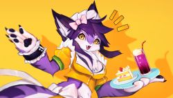 Rule 34 | 1girl, animal ears, animal hands, back bow, blush, body fur, bow, breasts, buttons, cake, cake slice, claws, cream, crop top, cropped, cup, drink, drinking glass, drinking straw, drop shadow, fang, female focus, food, frilled shirt, frills, fruit, furry, furry female, hair bow, hands up, happy, holding, holding tray, ice cream, ice cream float, light blush, maid headdress, medium breasts, multicolored fur, navel, notice lines, open mouth, original, pawpads, pink bow, puffy short sleeves, puffy sleeves, purple fur, purple hair, shirt, short sleeves, sidelocks, simple background, single wrist cuff, smile, solo, stomach, strawberry, tail, tray, uyu (soda uyu), white bow, white fur, wrist cuffs, yellow background, yellow shirt