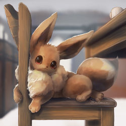 Rule 34 | 1other, animal ear fluff, animal ears, artist name, body fur, brown eyes, chair, coffee mug, creatures (company), cup, eevee, game freak, gen 1 pokemon, indoors, looking at viewer, lying, momomo12, mug, nintendo, no humans, on stomach, pokemon, pokemon (creature), signature, smile, table, tail
