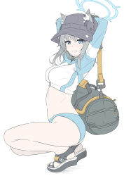 Rule 34 | 1girl, animal ear fluff, animal ears, arms behind head, bag, black footwear, black hat, blue archive, blue halo, breasts, closed mouth, cosplay, duffel bag, ears through headwear, grey hair, halo, hat, highres, long sleeves, looking at viewer, masabodo, medium breasts, midriff, official alternate costume, saki (blue archive), saki (blue archive) (cosplay), saki (swimsuit) (blue archive), sandals, shiroko (blue archive), simple background, solo, squatting, thighs, white background