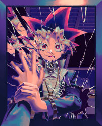 Rule 34 | 2boys, absurdres, black hair, blonde hair, bright pupils, broken mirror, chiinosuke, choker, different reflection, domino high school uniform, fingernails, highres, holding another&#039;s wrist, long hair, long sleeves, male focus, millennium puzzle, mirror, multicolored hair, multiple boys, muto yugi, open mouth, pov, red eyes, red hair, reflection, rope, school uniform, spiked hair, straight-on, white pupils, yami yugi, yu-gi-oh!, yu-gi-oh! (toei)