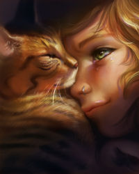 Rule 34 | 1girl, animal focus, artist self-insert, blonde hair, cat, close-up, closed eyes, commentary, devin elle kurtz, eyebrows, green eyes, light smile, lips, nose piercing, nose ring, piercing, real life, sad, sleeping, tears