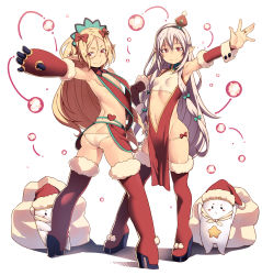 Rule 34 | 2girls, ass, blonde hair, blush, boots, breasts, christmas, detached sleeves, elbow gloves, gloves, hand on own hip, hat, highres, long hair, looking at viewer, mini hat, multiple girls, navel, noel (sennen sensou aigis), open mouth, outstretched arm, panties, pointy ears, pupuru (sennen sensou aigis), red eyes, santa hat, sennen sensou aigis, silver hair, small breasts, smile, tasaka shinnosuke, thigh boots, thighhighs, underwear, very long hair, white panties, wrist cuffs