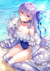Rule 34 | 1girl, bare shoulders, blue bow, blue choker, blue eyes, blue one-piece swimsuit, blush, bow, breasts, choker, closed mouth, collarbone, commentary request, day, fate/grand order, fate (series), hair between eyes, hair bow, hand up, higeneko, long hair, long sleeves, looking at viewer, md5 mismatch, medium breasts, meltryllis, meltryllis (fate), meltryllis (swimsuit lancer) (fate), meltryllis (swimsuit lancer) (second ascension) (fate), one-piece swimsuit, outdoors, puffy long sleeves, puffy sleeves, purple hair, resolution mismatch, shallow water, sitting, sleeves past fingers, sleeves past wrists, solo, source larger, strapless, strapless one-piece swimsuit, swimsuit, very long hair, water, wet, yokozuwari
