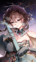 Rule 34 | 1girl, absurdres, aqua eyes, bead necklace, beads, bracelet, breasts, brooch, brown hair, commentary request, fangwan, gloves, head tilt, highres, holding, holding instrument, honkai: star rail, honkai (series), instrument, jewelry, large breasts, long hair, necklace, ruan mei (honkai: star rail), solo, upper body