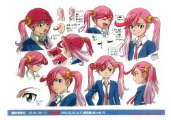 Rule 34 | 1girl, 2016, absurdres, ahoge, character sheet, dated, digimon, digimon universe: appli monsters, female focus, highres, karan eri, multiple views, necktie, official art, pink hair, scan, shoes, smile, standing, thighhighs, translation request, twintails