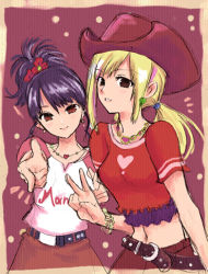 Rule 34 | blonde hair, bracelet, cowboy hat, hat, jewelry, lowres, midriff, necklace, pointing, ponytail, tagme, twintails