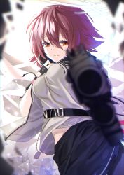 Rule 34 | 1girl, aiming, aiming at viewer, arknights, black gloves, black skirt, blurry, blurry foreground, breasts, brown eyes, brown hair, closed mouth, commentary request, depth of field, exusiai (arknights), fingerless gloves, gloves, glowing, gun, hair between eyes, halo, hand up, jacket, medium breasts, midriff peek, nyori, open clothes, open jacket, shirt, short hair, short sleeves, skirt, smile, solo, weapon, white jacket, white shirt