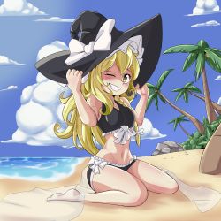 Rule 34 | 1girl, arms up, barefoot, beach, bikini, black bikini, blonde hair, blue eyes, blush, bmkro, bow, braid, breasts, bush, clear sky, cloud, commentary request, grin, hair ribbon, hands on headwear, hat, hat bow, hat ribbon, highres, kirisame marisa, leaf, long hair, looking at viewer, medium breasts, navel, ocean, one eye closed, palm tree, ribbon, single braid, sitting, sky, smile, solo, stomach, stone, swimsuit, thighs, touhou, tree, tress ribbon, wariza, white bow, white ribbon, witch hat, yellow eyes