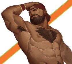 Rule 34 | 1boy, abs, armpit hair, armpits, backwards hat, bara, baseball cap, beard, brown hair, chest hair, completely nude, facial hair, from below, hand on own head, hat, large pectorals, looking at viewer, male focus, male pubic hair, mature male, mohawk, muscular, muscular male, mustache, navel, navel hair, nipples, nude, pectorals, pubic hair, ryker, scar, scar on arm, short hair, smile, solo, stomach, street fighter, zangief