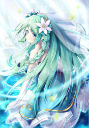 Rule 34 | 1girl, absurdres, bare shoulders, blue eyes, blush, braid, breasts, chika (princess connect!), closed mouth, dress, elbow gloves, floating hair, flower, gloves, green hair, hair flower, hair ornament, highres, long hair, looking at viewer, looking back, princess connect!, side braids, signature, smile, solo, takemura kou, twin braids, very long hair, white flower, white gloves