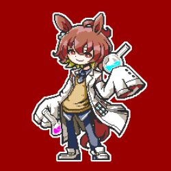 Rule 34 | 1girl, agnes tachyon (umamusume), ahoge, animal ears, black pantyhose, brown eyes, brown hair, closed mouth, collared shirt, erlenmeyer flask, flask, full body, highres, holding, holding flask, horse ears, horse girl, horse tail, lab coat, looking at viewer, necktie, outline, pantyhose, pixel art, red background, round-bottom flask, shirt, shoes, short hair, short necktie, sleeves past fingers, sleeves past wrists, smile, solo, standing, sweater, tail, test tube, umamusume, white footwear, white outline, yellow sweater, zaidantrainer