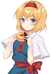 Rule 34 | 1girl, alice margatroid, blonde hair, blue dress, blue eyes, blush, bow, capelet, commentary request, doughnut, dress, food, hairband, holding, holding food, looking at viewer, raki (for03ge), red bow, red hairband, short hair, short sleeves, simple background, smile, solo, touhou, white background, white capelet