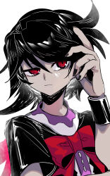 Rule 34 | absurdres, black nails, black shirt, black wristband, buttons, collared shirt, frilled shirt, frills, hand in own hair, highres, houjuu nue, ichirugi, nail polish, red eyes, red ribbon, red wings, ribbon, serious, shirt, short hair, short sleeves, simple background, touhou, wings, wristband