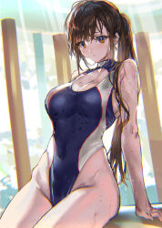Rule 34 | 1girl, bare arms, bare shoulders, black hair, blue one-piece swimsuit, breasts, cleavage, closed mouth, commentary, competition swimsuit, covered navel, highleg, highleg swimsuit, highres, large breasts, long hair, looking at viewer, one-piece swimsuit, orange eyes, original, ponytail, ran&#039;ou (tamago no kimi), solo, swimsuit, wet