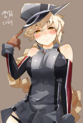 Rule 34 | 1girl, bad id, bad pixiv id, bare shoulders, bismarck (kancolle) (cosplay), bismarck (kancolle), blush, braid, breasts, brown gloves, cosplay, elbow gloves, female focus, gloves, hat, kantai collection, large breasts, long hair, looking at viewer, meth (emethmeth), military, military uniform, single braid, smile, solo, uniform, unryuu (kancolle), yellow eyes