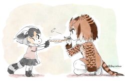 Rule 34 | 10s, 2girls, animal ears, bird tail, bird wings, boots, brown hair, child, coat, commentary request, elbow gloves, eurasian eagle owl (kemono friends), fennecoon (kemono friends) (panzuban), fox ears, fox tail, fur collar, gloves, grey hair, kemono friends, long sleeves, multicolored hair, multiple girls, owl ears, pantyhose, panzuban, party horn, pleated skirt, puffy short sleeves, puffy sleeves, raccoon ears, raccoon tail, reaching, reaching towards viewer, short hair, short sleeves, skirt, squatting, tail, twitter username, white hair, wings