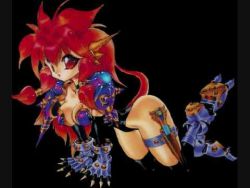 Rule 34 | 1girl, armor, black background, boots, breasts, claws, cleavage, dagger, dragon girl, dragon half, gloves, horns, knife, large breasts, long hair, lowres, mink (dragon half), red eyes, red hair, shoulder armor, simple background, source request, thighs, weapon