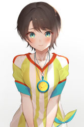 Rule 34 | 1girl, black hair, blue eyes, blush, breasts, breasts squeezed together, closed mouth, hololive, looking at viewer, medium breasts, oozora subaru, oozora subaru (1st costume), shirt, short hair, short sleeves, simple background, solo, stopwatch, stopwatch around neck, striped clothes, striped shirt, swept bangs, t-shirt, tied shirt, v arms, vertical-striped clothes, vertical-striped shirt, virtual youtuber, watch, white background, yuya (yuya illust)
