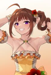 Rule 34 | 1girl, ahoge, armpits, arms behind head, arms up, breasts, brown hair, cleavage, collarbone, dress, drill hair, gradient background, grin, highres, idol clothes, idolmaster, idolmaster million live!, idolmaster million live! theater days, kamille (vcx68), looking at viewer, medium breasts, medium hair, orange background, purple eyes, side drill, side ponytail, smile, solo, teeth, upper body, yellow dress, yokoyama nao