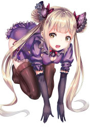Rule 34 | 1girl, absurdres, black gloves, black thighhighs, blonde hair, blush, bow, double bun, dress, elbow gloves, frills, gatari, gloves, hair bun, hair ornament, highres, lolita fashion, long hair, looking at viewer, luna (shadowverse), open mouth, ribbon, shadowverse, simple background, solo, thighhighs, transparent background, twintails, very long hair, white background, yellow eyes