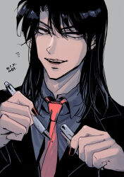 Rule 34 | 1boy, absurdres, black hair, collared shirt, dated, fingernails, formal, grey background, grey shirt, hair between eyes, highres, holding, holding pen, ichijou seiya, kaiji, limited palette, long hair, long sleeves, looking at viewer, male focus, medium bangs, necktie, open mouth, pen, red eyes, red necktie, shirt, simple background, smile, solo, suit, unknown03162, upper body