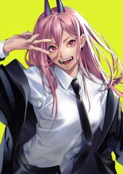 Rule 34 | 1girl, :d, black jacket, black necktie, chainsaw man, collared shirt, cross-shaped pupils, crosshair pupils, demon girl, demon horns, dress shirt, formal, hair between eyes, highres, horns, jacket, long hair, long sleeves, looking at viewer, necktie, off shoulder, open mouth, pink hair, power (chainsaw man), red eyes, sharp teeth, shirt, simple background, smile, solo, symbol-shaped pupils, teeth, tenobe, upper body, white shirt, yellow background