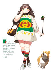 Rule 34 | 1girl, bag, bow, bowtie, brown hair, coin purse, dog, english text, fashion, gradient eyes, gucci, handbag, highres, kneehighs, crossed legs, multicolored clothes, multicolored eyes, multicolored legwear, original, oversized clothes, shimesaba kohada, shirt, shoes, smile, sneakers, socks, t-shirt, white background, white footwear