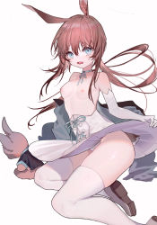Rule 34 | 1girl, amiya (arknights), animal ears, arknights, bare shoulders, blue eyes, blue ribbon, breasts, brown hair, chinese commentary, clothes lift, commentary request, cookie (ppyf5328), dress, elbow gloves, eyebrows hidden by hair, fang, floating hair, full body, gloves, highres, lifted by self, long hair, looking at viewer, neck ribbon, nipples, open mouth, panties, rabbit ears, ribbon, shoe soles, shoes, simple background, sitting, skin fang, skindentation, skirt, skirt lift, small breasts, solo, strapless, strapless dress, stuffed animal, stuffed rabbit, stuffed toy, sweat, thighhighs, thighs, topless, underwear, upskirt, white background, white gloves, white panties, white skirt, white thighhighs