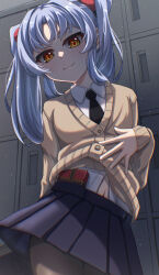 Rule 34 | 1girl, bag, black necktie, blue hair, blue skirt, box, box of chocolates, breasts, cardigan, cardigan lift, closed mouth, commentary, cowboy shot, dress shirt, floating clothes, from below, gift, gift box, grey background, hair bobbles, hair ornament, hair strand, hand on own stomach, highres, holding, holding bag, hoshino ruri, indoors, kidou senkan nadesico, lifting own clothes, light particles, locker, long hair, looking at viewer, looking down, midriff, midriff peek, miniskirt, navel, necktie, partially unbuttoned, pleated skirt, ringed eyes, ru-ha, school bag, school uniform, shirt, sidelocks, skirt, small breasts, smile, solo, standing, thigh gap, twintails, valentine, waistband, white shirt, yellow eyes