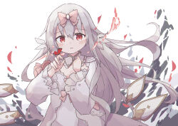 Rule 34 | 1girl, absurdres, arcaea, blush, bug, butterfly, butterfly on hand, cleavage cutout, clothing cutout, colon br, cowboy shot, dot nose, dress, falling petals, floating hair, grey hair, hair between eyes, hand up, highres, hikari (arcaea), hikari (fatalis) (arcaea), insect, long dress, long hair, long sleeves, looking at viewer, parted lips, petals, red eyes, sidelocks, simple background, solo, straight-on, tearing up, white background, white dress